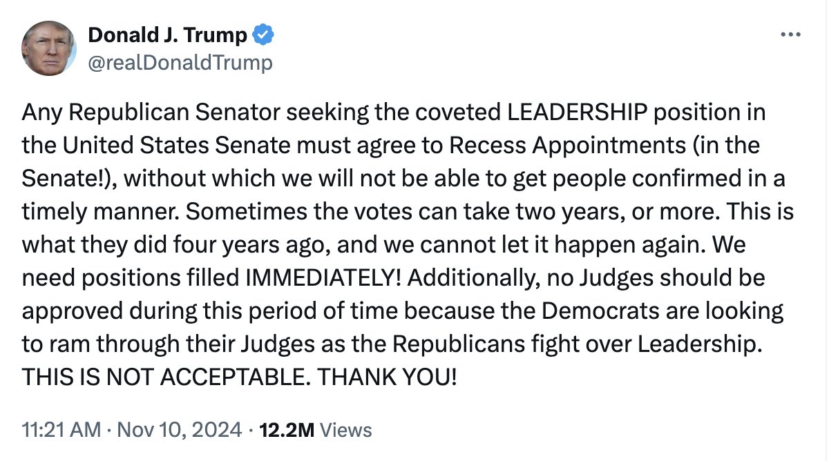 TL;DR - Trump wants to sidestep the Senate and install whomever he wants without any confirmation.

In case you haven't been listening, this is what a dictator does.