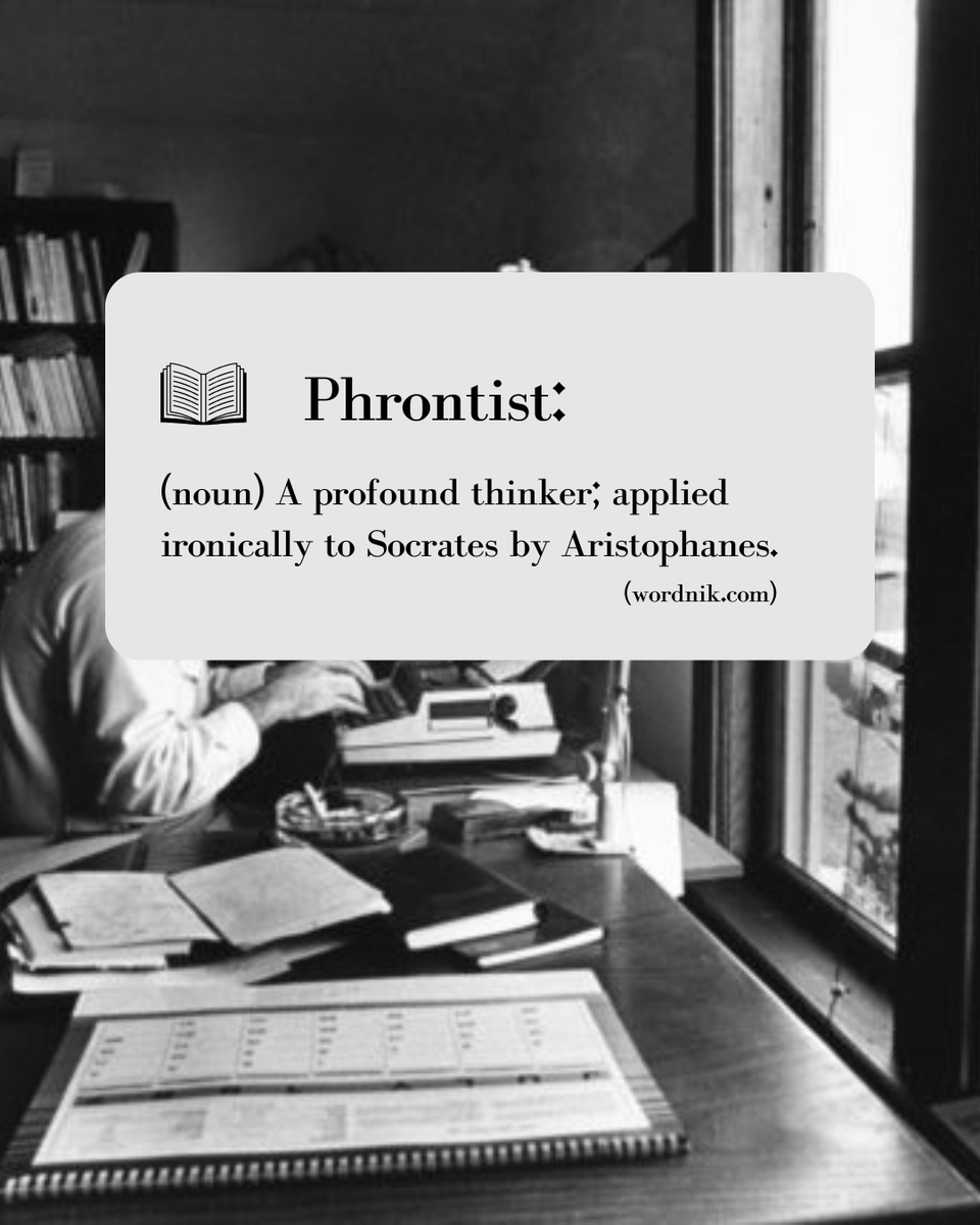 hellbendermag's tweet image. Word of the Week:

phrontist - "a profound thinker; applied ironically to Socrates by Aristophanes" (wordnik. com).