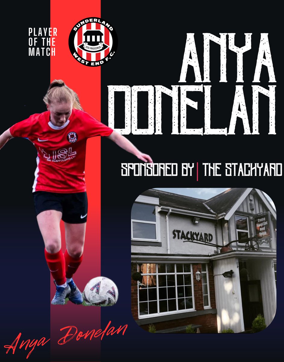 Player of the match today was Anya Donelan, Fantastic work rate up and down week in and week out creating lots of chances.

Well deserved Anya 👏🏽👏🏽👏🏽

Sponsored by The Stackyard Sunderland