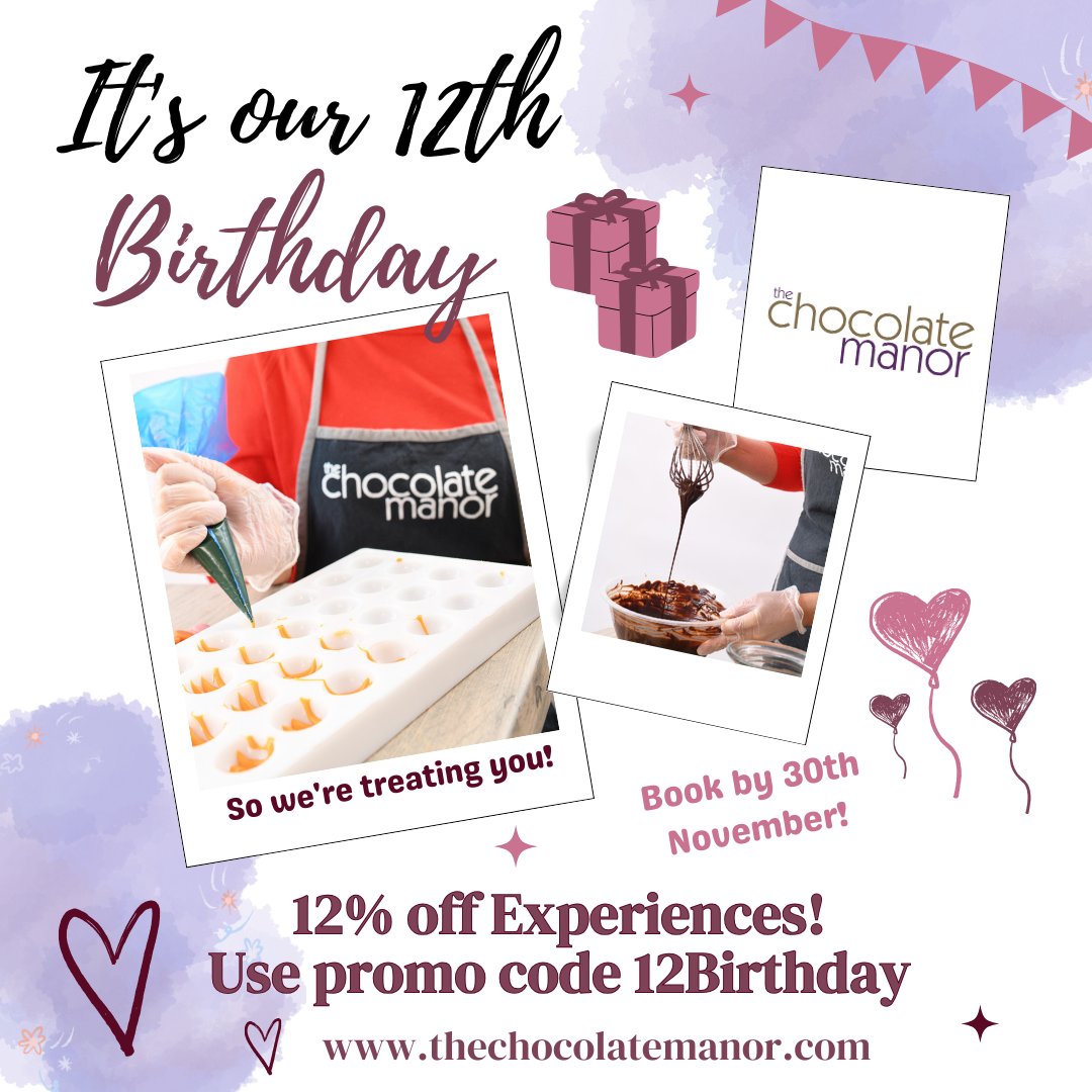 Can you believe that we're celebrating 12 years in business? We're so very grateful to every one of you who has supported us since those early days!
As a thank you, you can get 12% off experiences booked before 30th Nov! Use promo code 12Birthday
thechocolatemanor.com