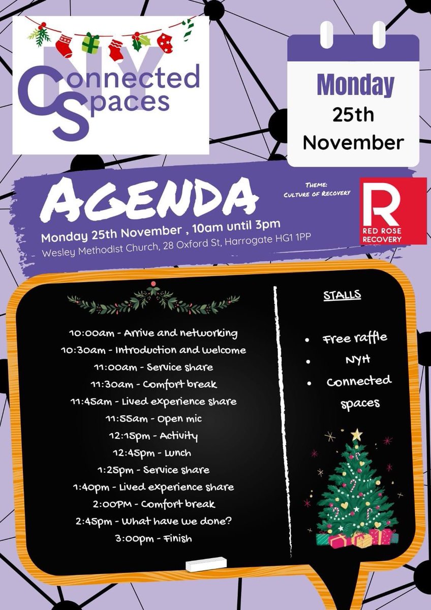 🎄🎁 You're Invited! Culture of Recovery Forum – 25th November 🎁🎄

🎅 Christmas-Themed Event
🍽️ Free Food &amp; Refreshments
🎟️ Free Raffle with Amazing Prizes

📅 Date: 25th November
📍 Location: Wesley Methodist Church, 28 Oxford St, Harrogate HG1 1PP
⏲️ 10-3PM
