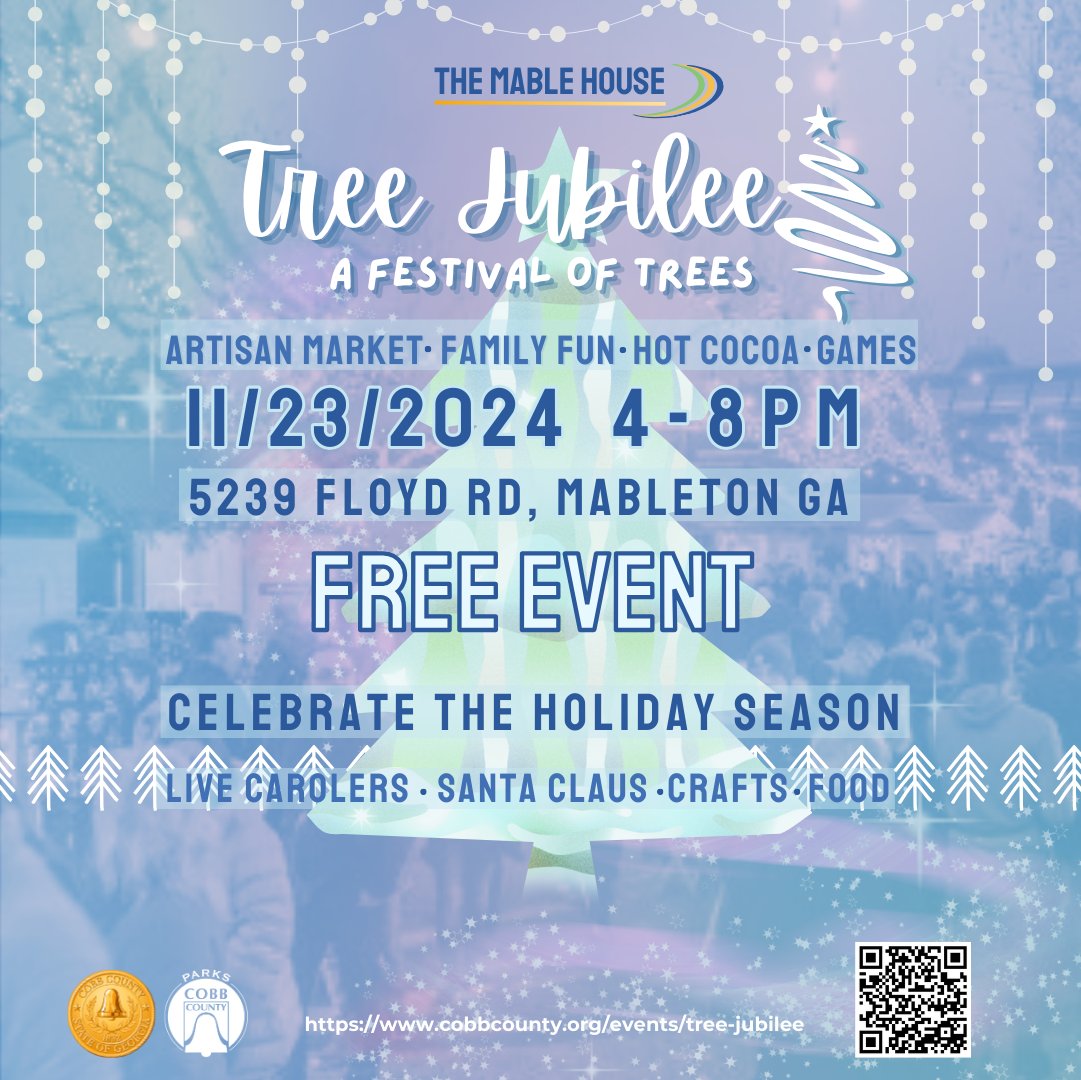 cobbcountygovt's tweet photo. 🌟Light up the holiday season with your Cobb friends and neighbors at Mable House Lights the Night and 🎄Tree Jubilee, 4 - 8 p.m. Saturday, Nov. 23, at 5239 Floyd Road, Mableton.🌟
https://t.co/b2vzO8P5kM
#mablehouse #cobbcounty #treelighting #holidays #treejubilee #cobbparks https://t.co/A5l5YZjbw9