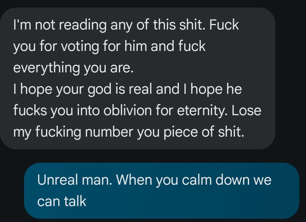 Snakezinc178's tweet photo. Today I received the most vile texts I've ever seen. And from someone who has been a close friend for 10± years. Different opinions and the ability to express them in an election is fundamental. It shouldn't have come to this.

May this MAYC get the mental health he sorely needs. https://t.co/2PoF7Xa4ZK