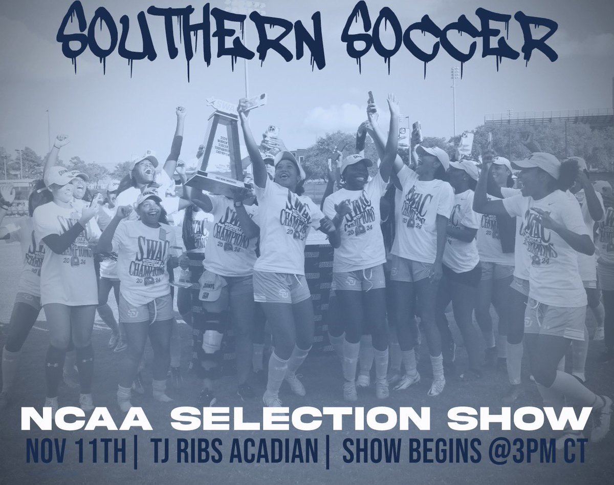 Jaguar Nation!!! We invite you to join our SU Women’s Soccer Team at TJ Ribs tomorrow 11/10 for the NCAA selection show watch party. Doors open at 2:00 pm and the selection show will start at 3:00 pm.

#StrictlyBusiness | #GoJags | #SouthernIsTheStandard | #ProwlOn |