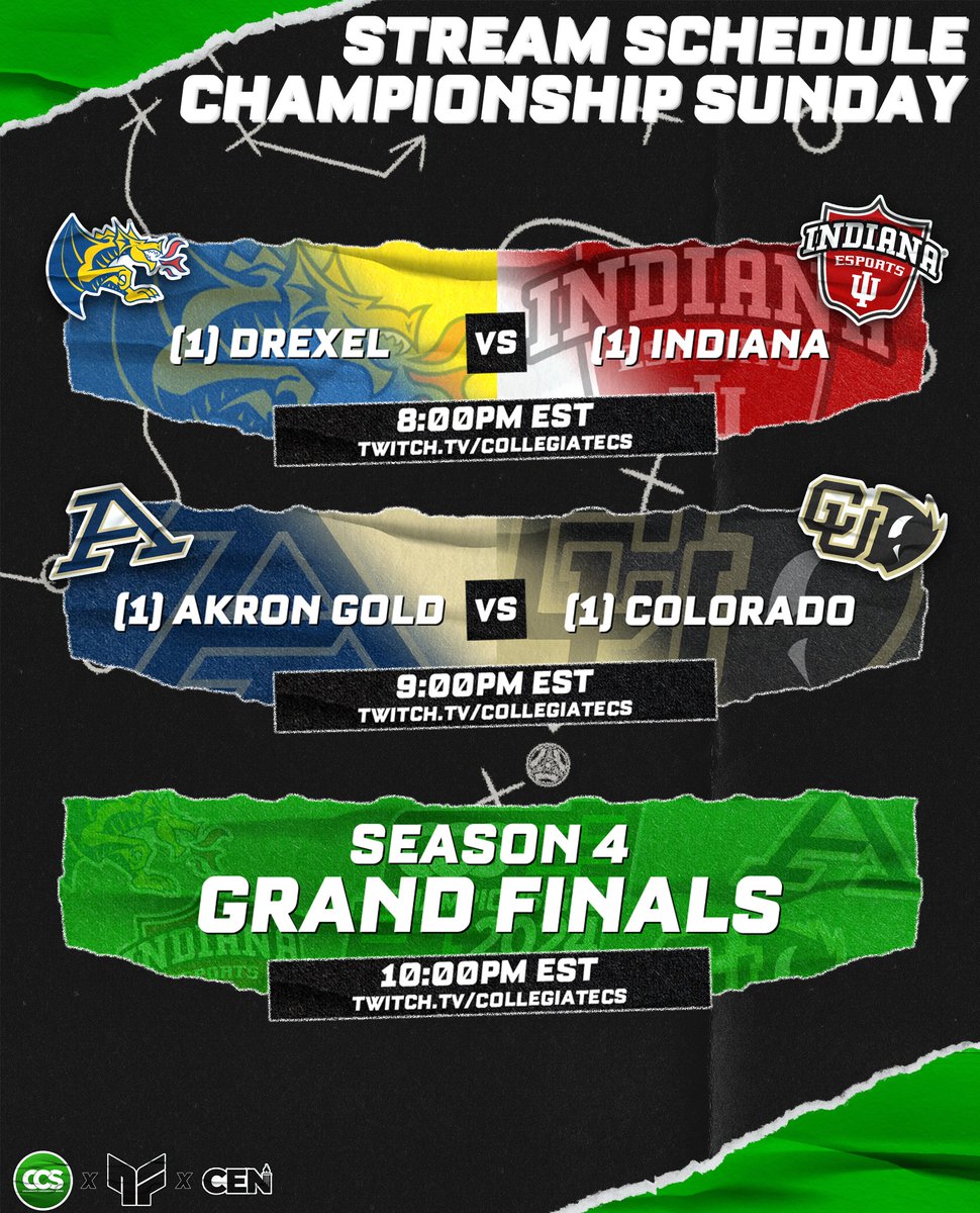 Collegiate Conference Series (@collegiateccs) on Twitter photo Broadcast Schedule for tonight's season 4 finale!
Preshow
⏰7:30pm EST
<a href="/drexel_esports/">Drexel Esports</a> 🆚 <a href="/EsportsatIU/">Esports at Indiana University</a>
⏰8pm EST
<a href="/ZipsEsports/">Akron Esports</a> 🆚 <a href="/BoulderEsports/">CU Gaming & Esports</a>
⏰9pm EST
CCS ANNOUNCEMENT
⏰10pm EST
National Championship
⏰10:15pm EST
🎙️ <a href="/NationRL_/">Logan Lewis</a>
🎙️ <a href="/Dronas_/">Dronas</a>
🔗twitch.tv/collegiatecs Broadcast Schedule for tonight's season 4 finale!
Preshow
⏰7:30pm EST
<a href="/drexel_esports/">Drexel Esports</a> 🆚 <a href="/EsportsatIU/">Esports at Indiana University</a>
⏰8pm EST
<a href="/ZipsEsports/">Akron Esports</a> 🆚 <a href="/BoulderEsports/">CU Gaming & Esports</a>
⏰9pm EST
CCS ANNOUNCEMENT
⏰10pm EST
National Championship
⏰10:15pm EST
🎙️ <a href="/NationRL_/">Logan Lewis</a>
🎙️ <a href="/Dronas_/">Dronas</a>
🔗twitch.tv/collegiatecs