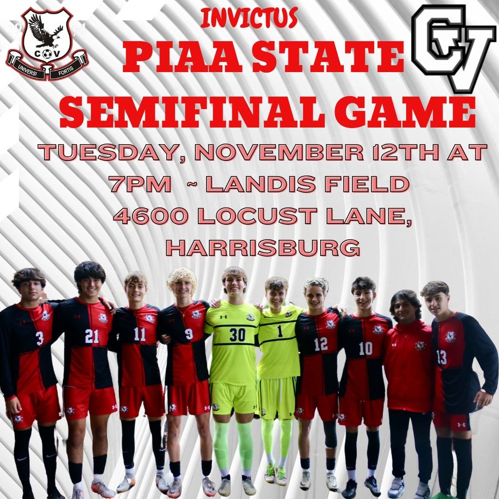 CVEaglesSoccer's tweet photo. WE WANT EVERY CV FAN to come cheer for our Eagles at the PIAA AAAA State semifinal match on Tuesday, 11/12 at 7pm at Landis Field in Harrisburg.  Tickets online only at https://t.co/W7tfF59GmR
Lets GOOOOOOO!  ❤️⚽️🖤🦅
#invictus https://t.co/RphR41APdH