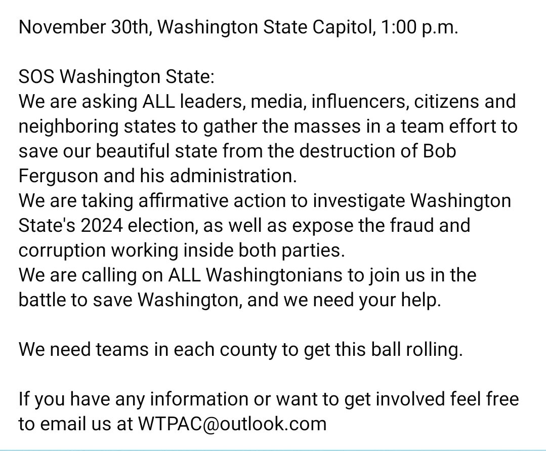 OlskiRyan's tweet photo. November 30th, Washington State Capitol, 1:00p.m. 
#DonaldTrump #trump2024 #trump #TrumpAdministration #JDVance #charliekirk #TuckerCarlson #infowars #2024election #Elections #Corruption #bobferguson #FreeTracy #info2consider #wewillALLbethere #mediumfree #UnitedWeWin #WTPAC https://t.co/iHagfbaiX9