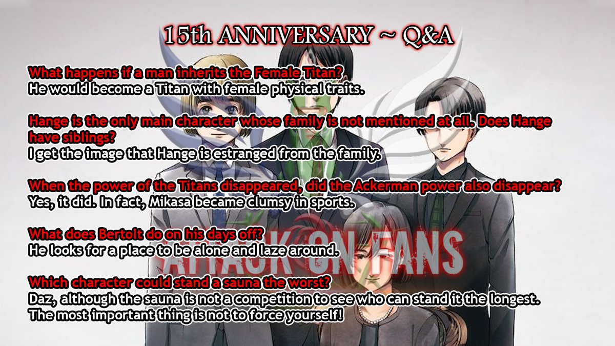 AttackOnFans's tweet photo. 💥 15th ANNIVERSARY ~ Q&amp;A + Chosen favorite chapters (THREAD) 💥

Q&amp;A to Hajime Isayama (1/2) 🗣 https://t.co/xj3NEjUnrA
