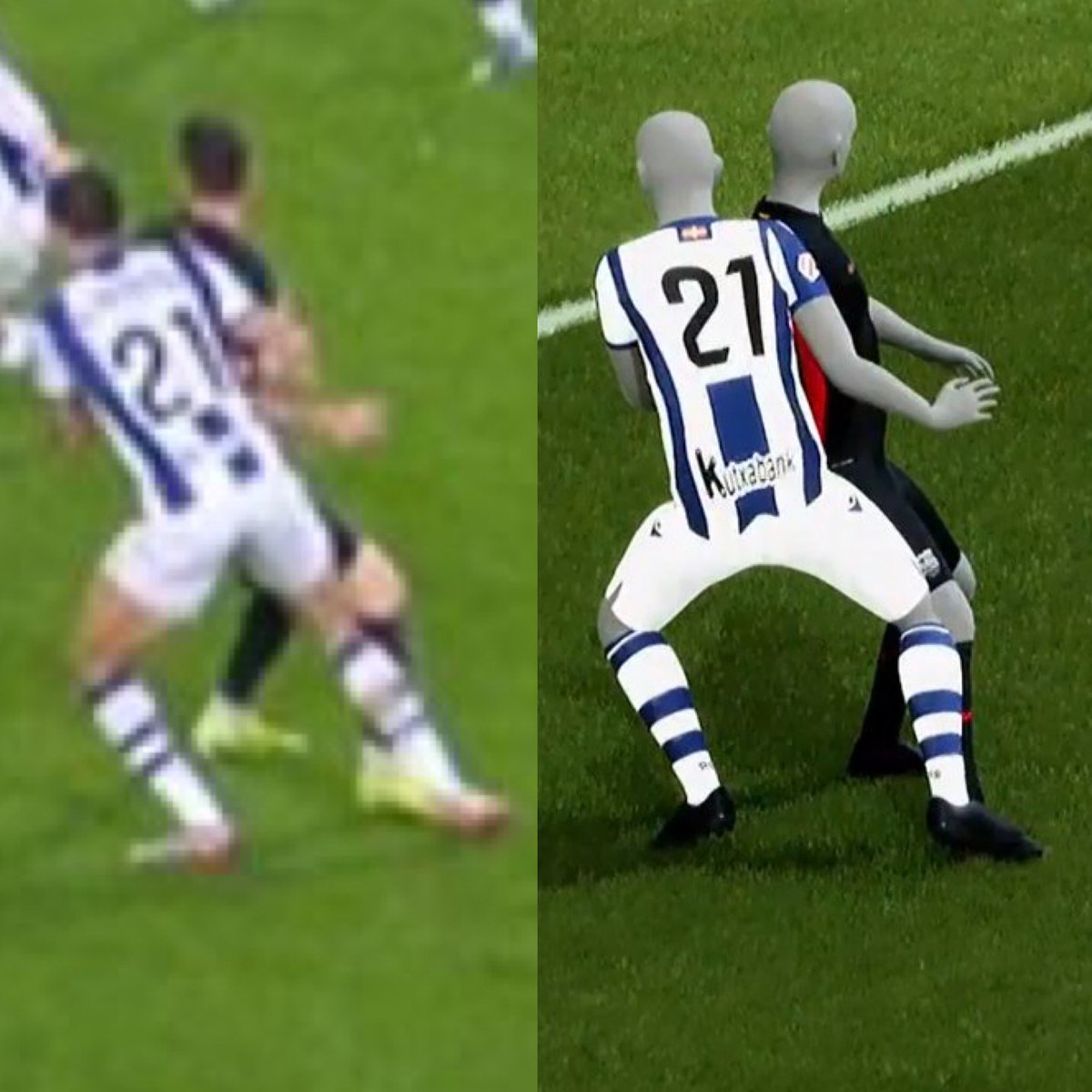 -Los brazos de los jugadores completamente inventados.
-El monigote de Lewandowski mirando hacia la banda cuando Lewandowski en la realidad mira hacia atrás para recibir el balón, etc… 
-Lo siento pero la imagen no hay por donde cogerla. Es un invent de manual.