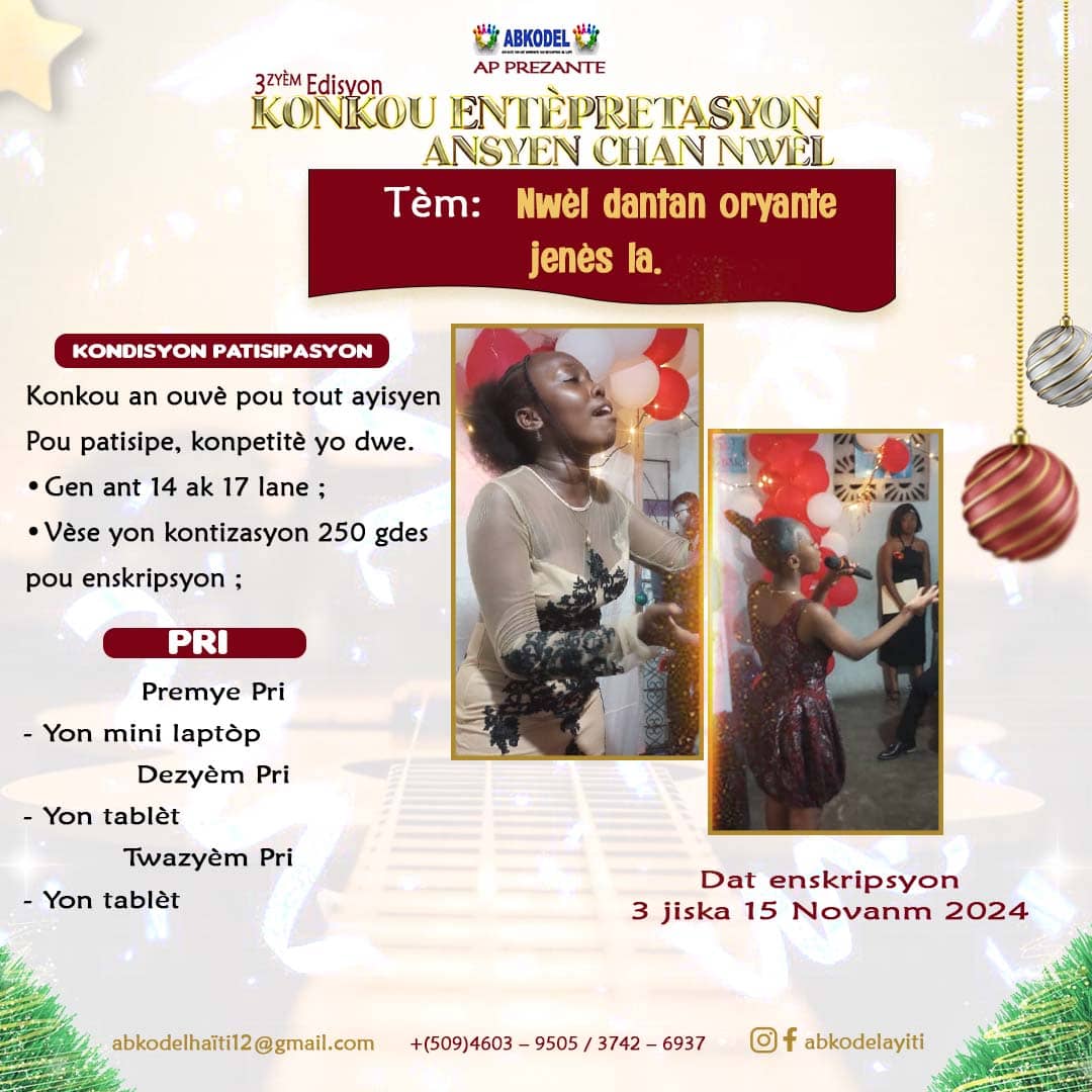 hcetienne's tweet photo. Nou pati pou 3eme edisyon an wi.

Se yon okazyon pou jèn yo kontinye pwouve talan yo epi pèmèt nou pase yon moman san parèy pou finisman ane a.
#konkouchantenwèl 
#dekouvtitalan 
#Sitesolèy 
@abkodel https://t.co/LI01N9h6BL