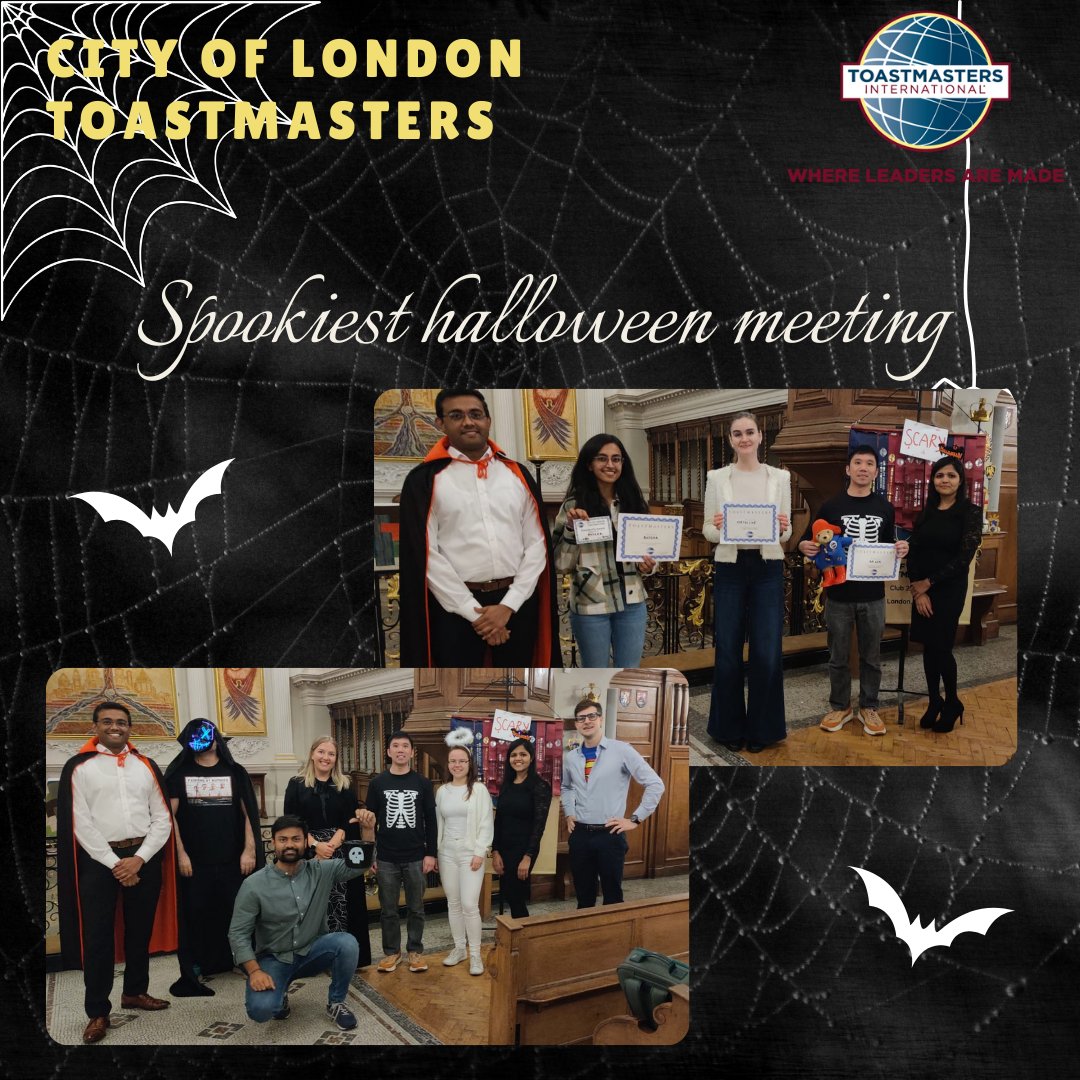 Wrapped up a spook-tacular Halloween-themed Toastmasters meeting! 🎃👻 From ghostly tales to trick-or-treat Table Topics, it was a night of thrills, chills, and fearless speeches! #Toastmasters #HalloweenMeeting #PublicSpeaking