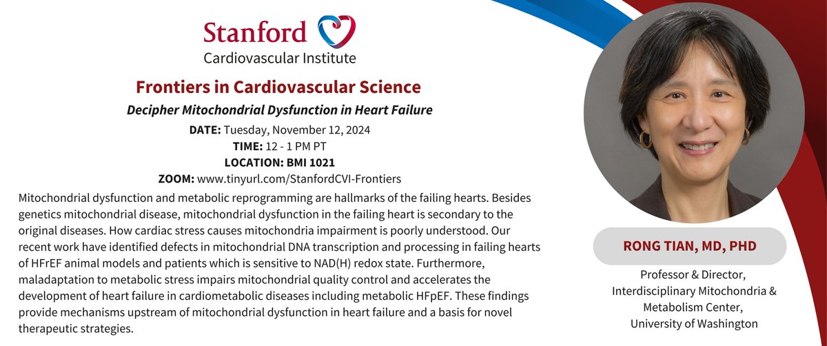 Joseph_C_Wu's tweet photo. Please join @StanfordCVI seminar on Tue 11/12 at 12pm PST by Dr. Rong Tian @UW @JMCCardiology speak on
#mitochondria #dysfunction #heartfailure. 
https://t.co/oD1xyw95rv
@StanfordDeptMed @Stanford_ChEMH @Rongtian2
@SeanM_Wu @BCVSearlyCareer
@AHAScience @ATVBEarlyCareer @MitoAging https://t.co/6hTh3DpKxj