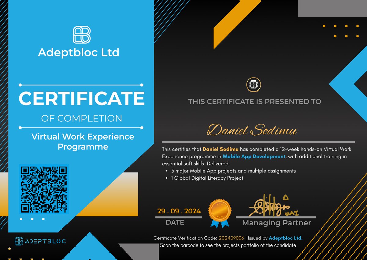 Flutter_Dev_Pro's tweet image. 🌟Exciting News! 🌟
I&apos;m thrilled to share that I have successfully completed my mobile development internship in Flutter at Adeptbloc! 
@AdeptBloc #Flutter#MobileDevelopment#CarreerGrowth#OpenForOpportunities