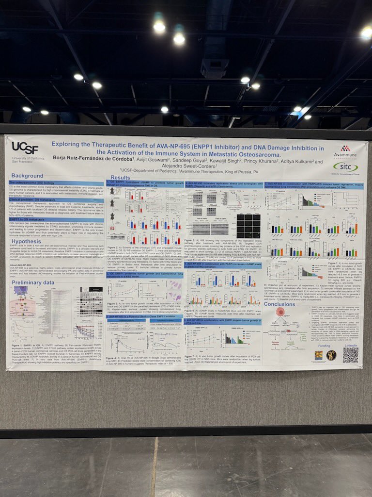 Exciting news from #SITC24! Our postdoc Borja Ruiz (<a href="/borjaruiz55/">Borja Ruiz</a>) presented his latest research on the role of ENPP1 in osteosarcoma, shedding light on potential therapeutic approaches for this challenging cancer. Proud to have our team represented at #SITC2024 in Houston!