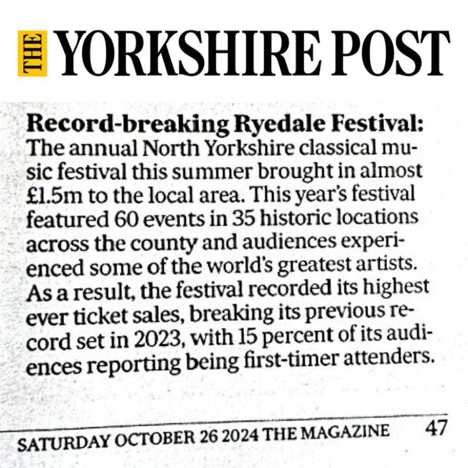 Chris Glynn (@chrisglynn00) on Twitter photo What festivals can do...
<a href="/ryedalefestival/">Ryedale Festival</a> just one of many examples up & down the country of the benefits of investing in culture. And not just in big cities. <a href="/lisanandy/">Lisa Nandy MP</a> <a href="/_chrisbryant/">Chris Bryant</a> <a href="/StuartAndrew/">Stuart Andrew</a> <a href="/ace_national/">Arts Council England</a> <a href="/northyorksc/">North Yorkshire Council</a> What festivals can do...
<a href="/ryedalefestival/">Ryedale Festival</a> just one of many examples up & down the country of the benefits of investing in culture. And not just in big cities. <a href="/lisanandy/">Lisa Nandy MP</a> <a href="/_chrisbryant/">Chris Bryant</a> <a href="/StuartAndrew/">Stuart Andrew</a> <a href="/ace_national/">Arts Council England</a> <a href="/northyorksc/">North Yorkshire Council</a>