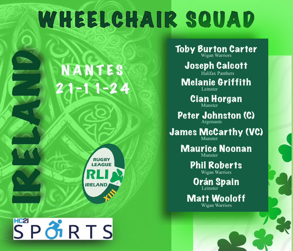 Excited to reveal our <a href="/Irelandrl/">Rugby League Ireland</a> squad for the upcoming trip to Nantes to face <a href="/FFRXIII/">Fédération Française de Rugby XIII</a> ☘️♿️🏉
<a href="/EuroRugbyLeague/">European Rugby League</a> @IntRL <a href="/sportireland/">Sport Ireland</a>