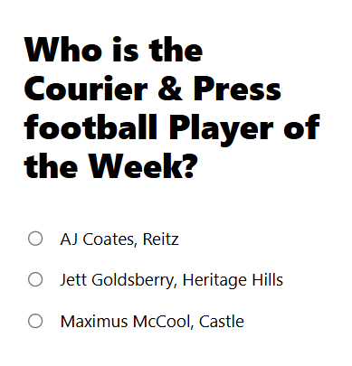 kylesokeland's tweet photo. Vote for the Courier &amp; Press Week 12 football Player of the Week and winter sports Athlete of the Week from November 4-9. The nominees:
https://t.co/cwGL28W7jg https://t.co/pPCcCSnTNK