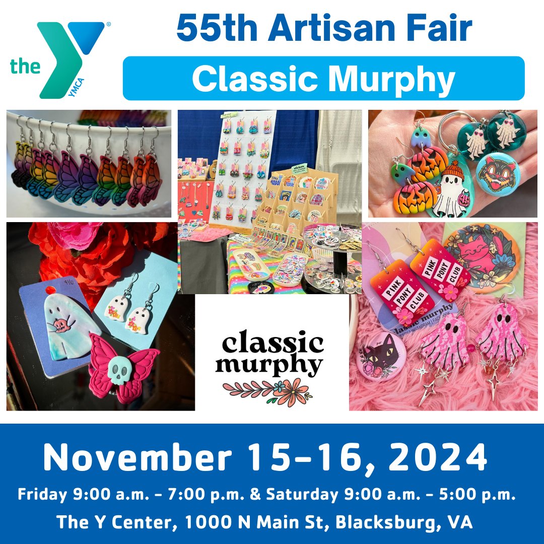 vtymca's tweet image. Meet Your Vendors!
Classic Murphy from Blacksburg, VA, will be at the YMCA&apos;s 55th Artisan Fair! Explore unique, one-of-a-kind polymer clay jewelry featuring sculptural floral elements, hand-painted designs, and bold, vibrant colors!

🗓️ Nov 15-16
📍 YMCA Thrift

#YMCAArtisanFair