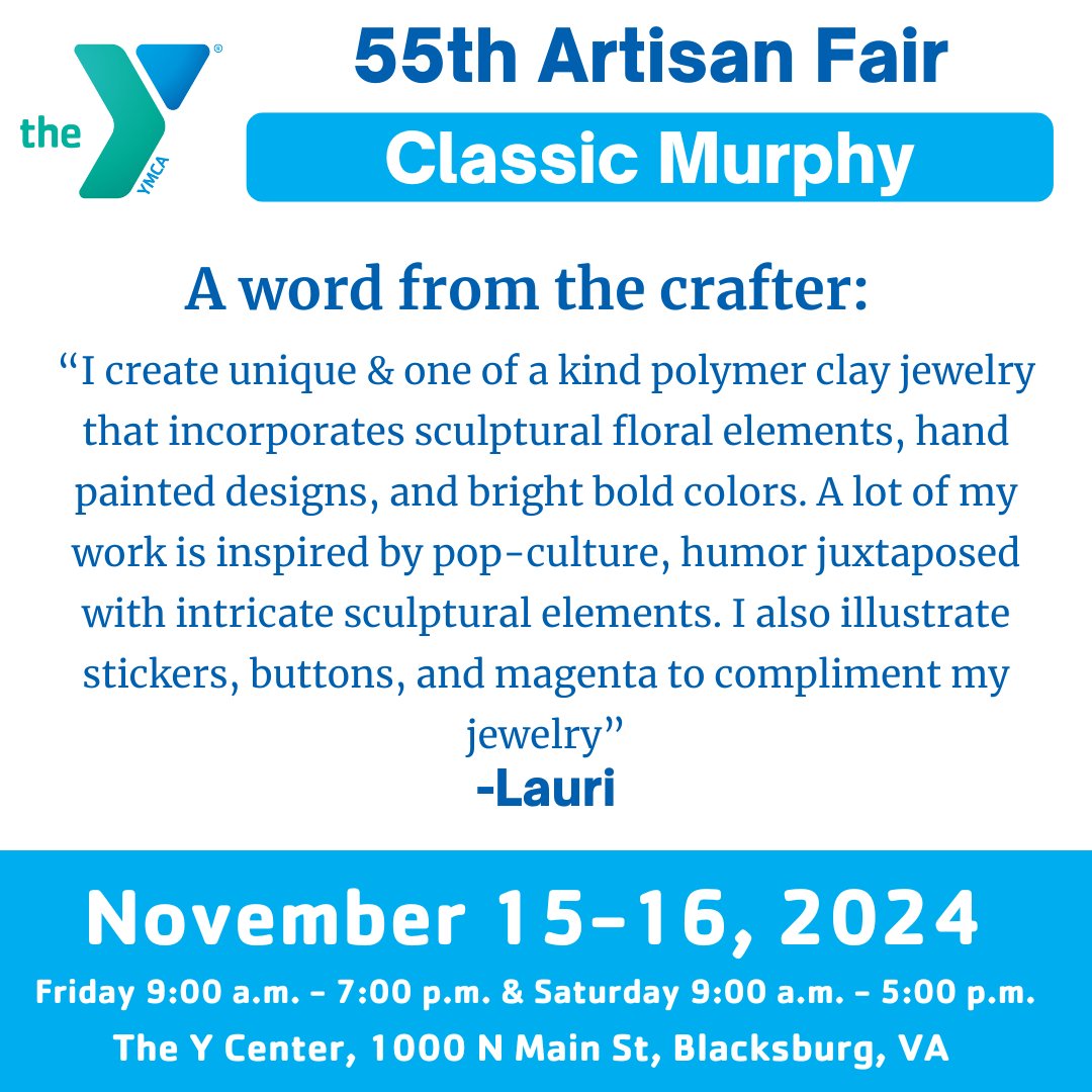 Meet Your Vendors!
Classic Murphy from Blacksburg, VA, will be at the YMCA's 55th Artisan Fair! Explore unique, one-of-a-kind polymer clay jewelry featuring sculptural floral elements, hand-painted designs, and bold, vibrant colors!

🗓️ Nov 15-16
📍 YMCA Thrift

#YMCAArtisanFair