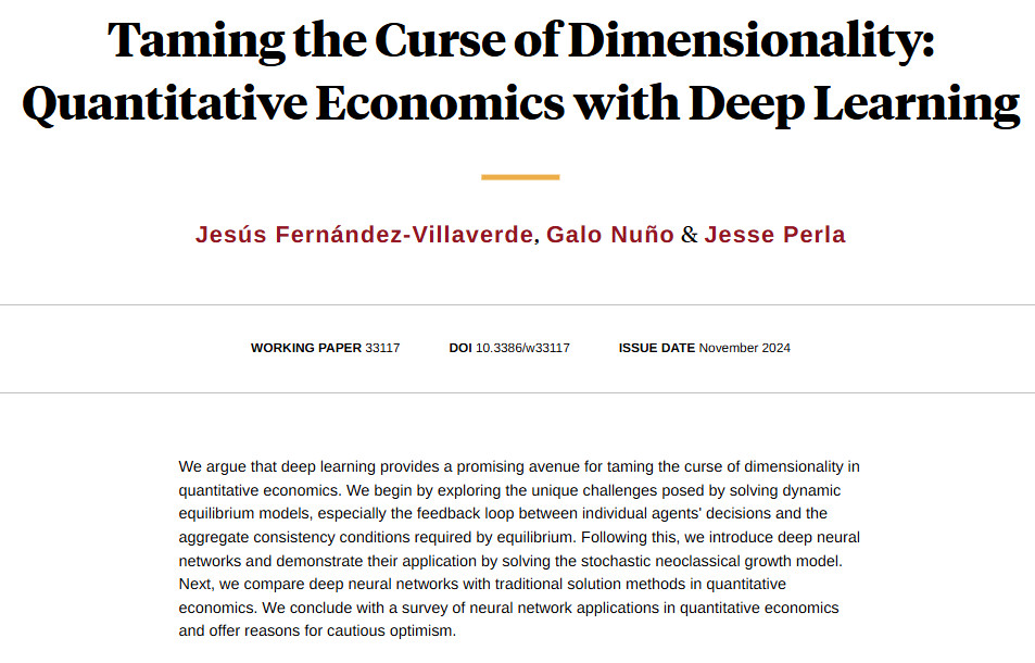 nberpubs's tweet photo. Deep learning can help many problems in quantitative economics by "taming" the curse of dimensionality, from Jesús Fernández-Villaverde, @NunoGalo, and Jesse Perla https://t.co/Jxs04zLqzv https://t.co/KdZA3jLe09