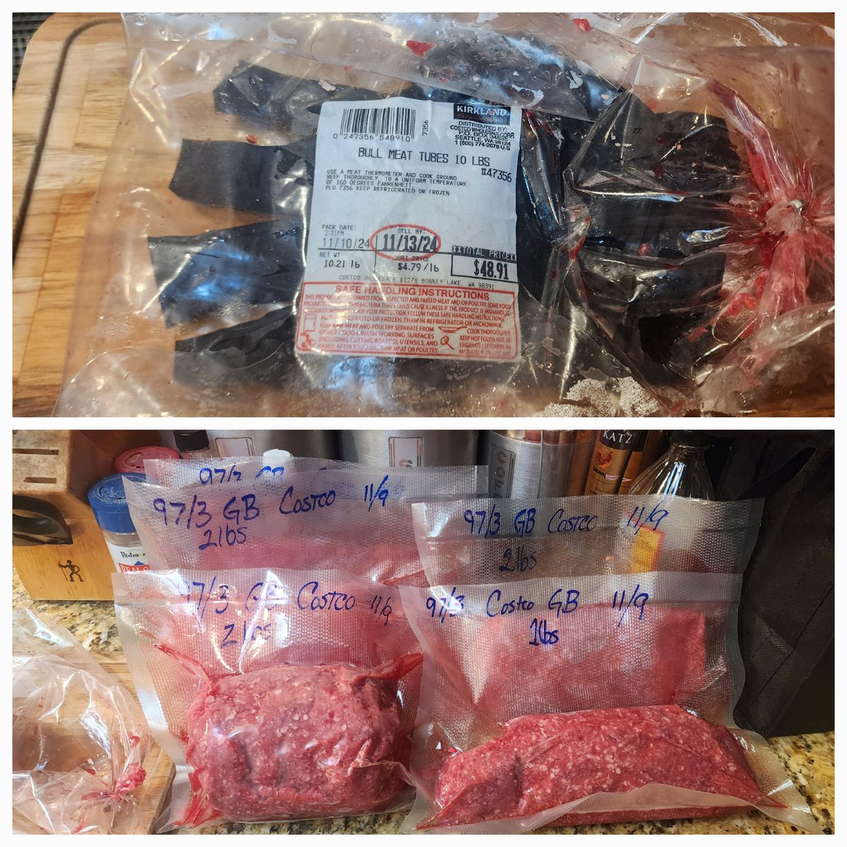 LowcarbLiberty's tweet photo. Many @Costco members do not know you can buy this at their meat dept. These #BullMeat tube's are 97/3 beef to fat ratio.
If you want to blend in a higher fat ratio, this gives you the option to do so.
I'm personally trying to cut back on my fat and eating leaner proteins the next few months.
@CaryKelly11 or @carnivore_jt, what have you two seen out there. Do other store chains offer this?