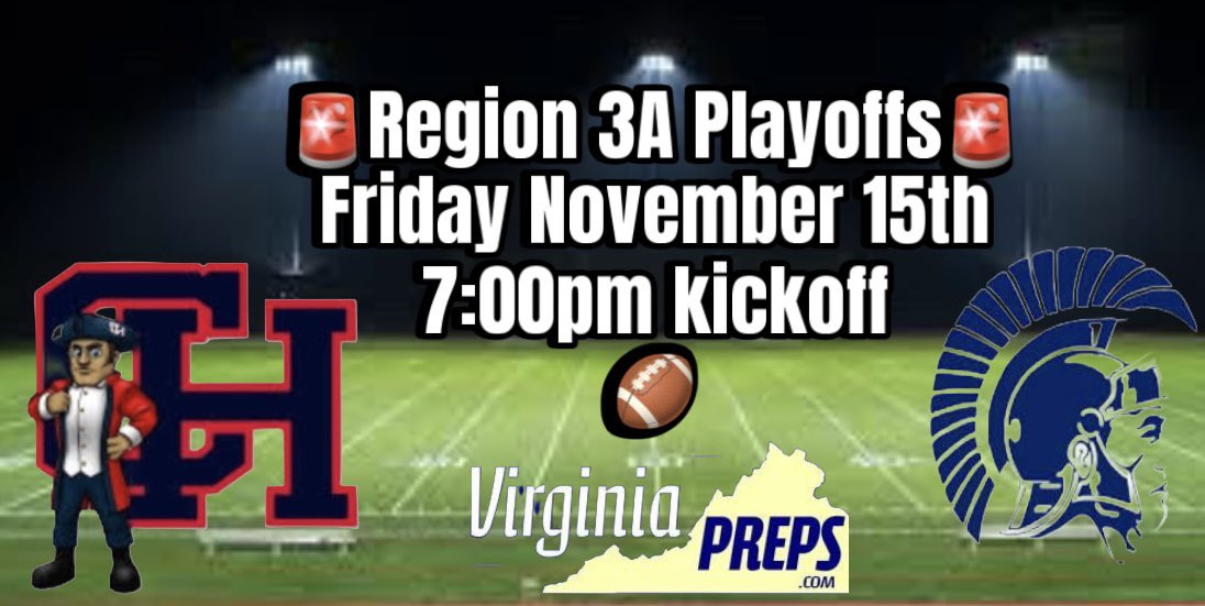 Coach Jarred Jenkins (@coachjjenkins) on Twitter photo 🚨Friday Night PLAYOFFS Football🚨
Will be on site for history as #4 Colonial Heights hosts 1st ever playoff game vs #5 New Kent on Friday November 15th.
7:00pm kickoff
Follow for lives updates
<a href="/CRF4Dan/">Danny Lewis</a> <a href="/hatfieldsports/">Matthew Hatfield</a> <a href="/VaPrepsRivals/">Virginia Preps</a> <a href="/ColonialsFball/">ColonialsFball</a> <a href="/NewKentStrong/">New Kent High School</a> 🚨Friday Night PLAYOFFS Football🚨
Will be on site for history as #4 Colonial Heights hosts 1st ever playoff game vs #5 New Kent on Friday November 15th.
7:00pm kickoff
Follow for lives updates
<a href="/CRF4Dan/">Danny Lewis</a> <a href="/hatfieldsports/">Matthew Hatfield</a> <a href="/VaPrepsRivals/">Virginia Preps</a> <a href="/ColonialsFball/">ColonialsFball</a> <a href="/NewKentStrong/">New Kent High School</a>