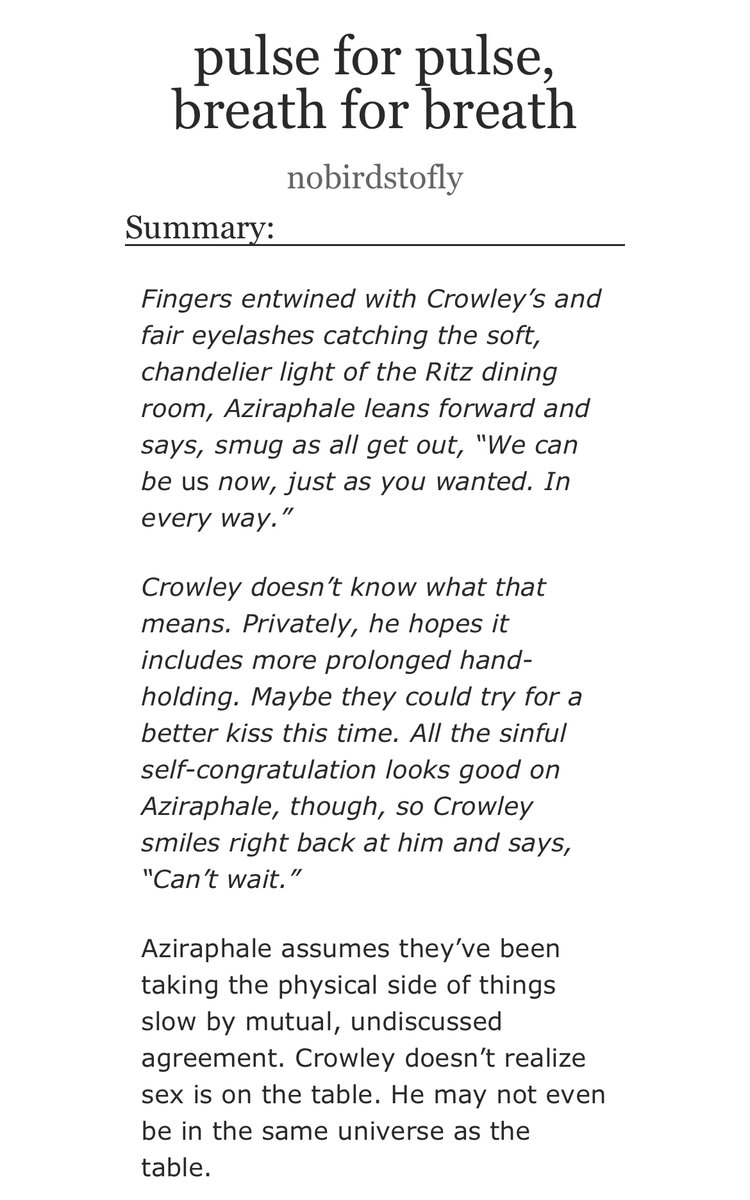 nobirdstofly's tweet photo. new good omens fic to distract us all from the last week of existing!!! 

pulse for pulse, breath for breath

aziraphale/crowley | 9k | e 

featuring (the most) virgin crowley trying to figure out what he wants, what aziraphale might want, and how to communicate any of that https://t.co/vI6YfEs9P0