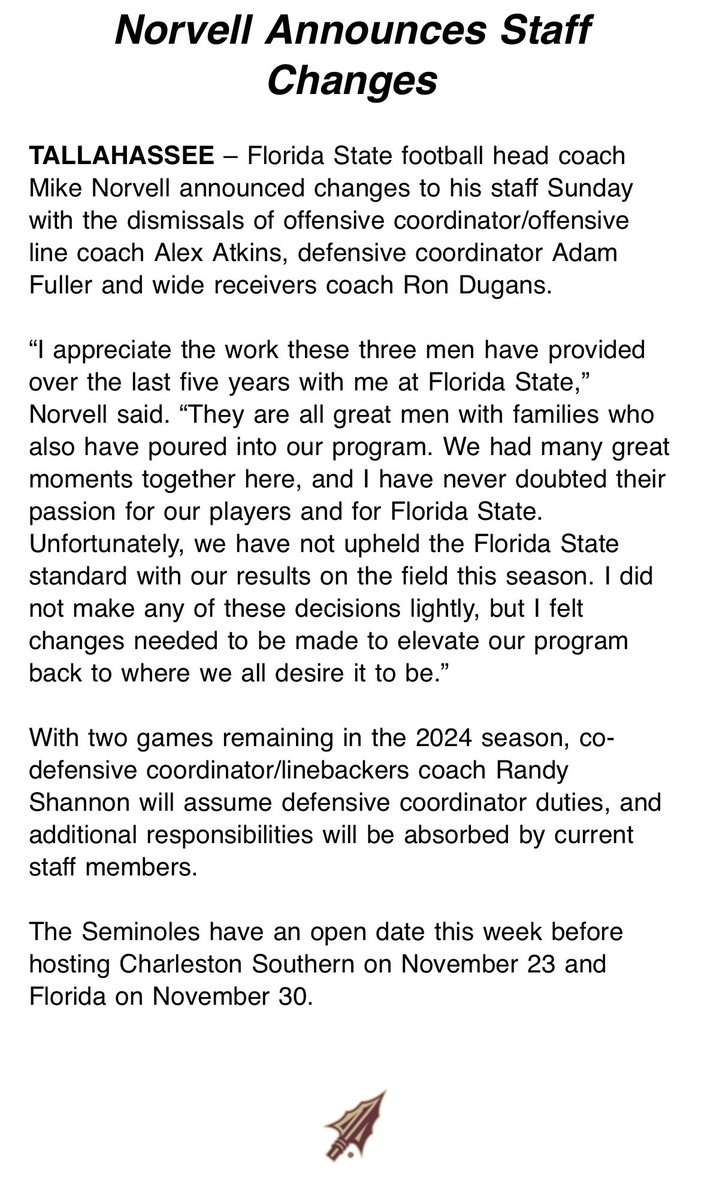 Warchant's tweet photo. FSU announces major football coaching changes: https://t.co/XbCTIr1YvK