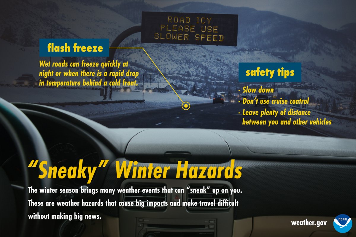 NWSChicago's tweet photo. IN Winter Prep Week:
Wet roads can quickly turn to ice as temperatures fall below freezing. Slow down and donโt use cruise control. Donโt let flash freezes sneak up on you! #WeatherReady #INwx https://t.co/eBSPwgptyJ
