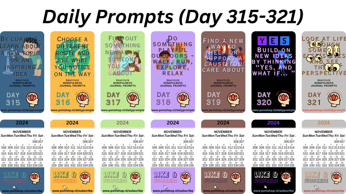 Daily prompts 315-321 (Sun, 10th Nov-Sat, 16th Nov). Short vids of 10 seconds for free download
Visit: pomshop.nl/dailyprompts
Journaling has a range of health benefits. Just writing a few minutes a day may help u reduce stress, boost ur well-being, and better understand ur needs