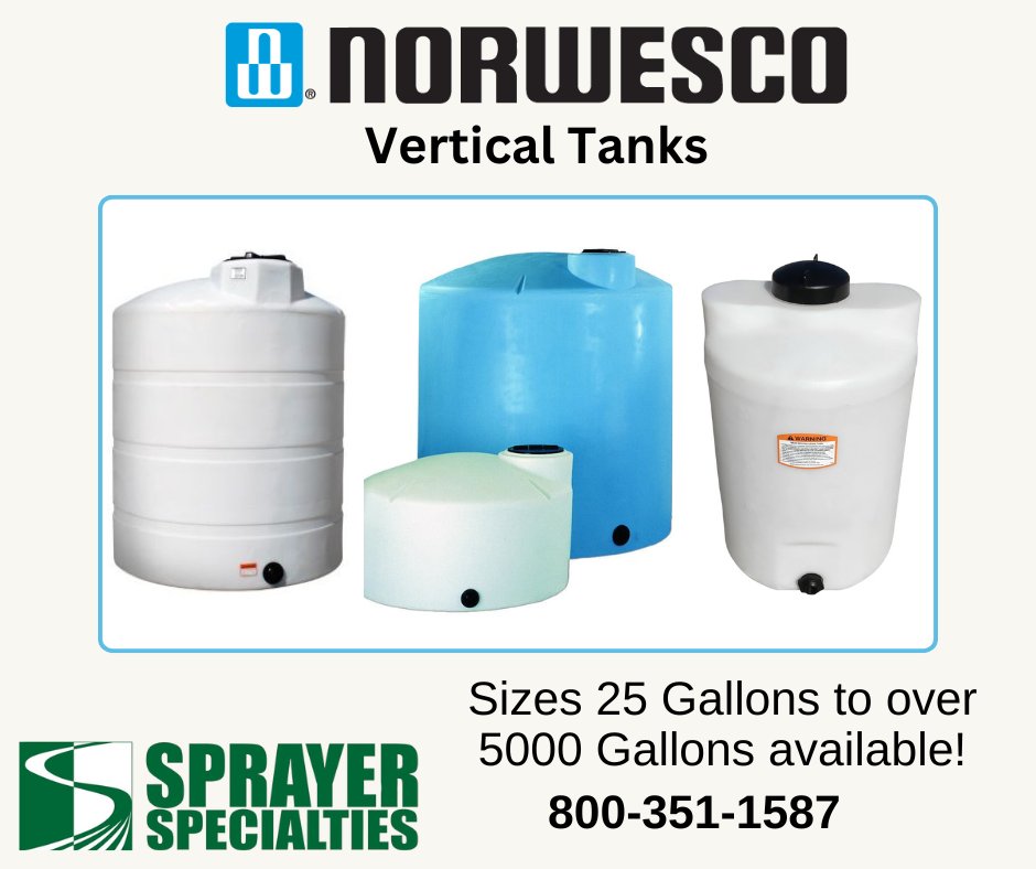 Norwesco high-quality vertical tanks are perfect for storing water, fertilizers, and other essential liquids on your farm. 25 gallons to 5000+ gallon capacity available! Call 800-351-1587 to order.