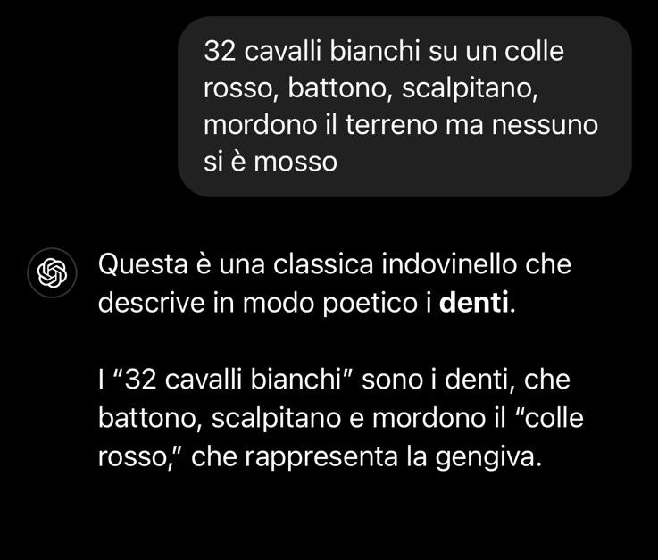 Courtesy my son, a rare example of Chat-GPT getting  gender agreement in Italian wrong ("una classica indovinello" should be "un classico indovinello" with the article and adjective agreeing with the noun).  For all the scaling up, still no proper model of basic morphosyntax.