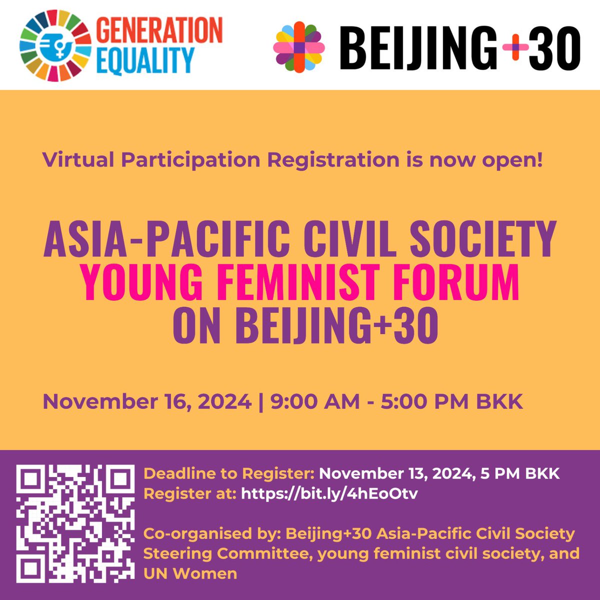 We are excited to announce that registration for virtual participation at the Asia Pacific Civil Society Young Feminist Forum on Beijing+30 is now open! 

🗓️ 16 November
🕞 9AM to 5 PM BKK
🔗 bit.ly/4hEoOtv 
Hybrid, virtual participants on Zoom

Deadline: 13th November