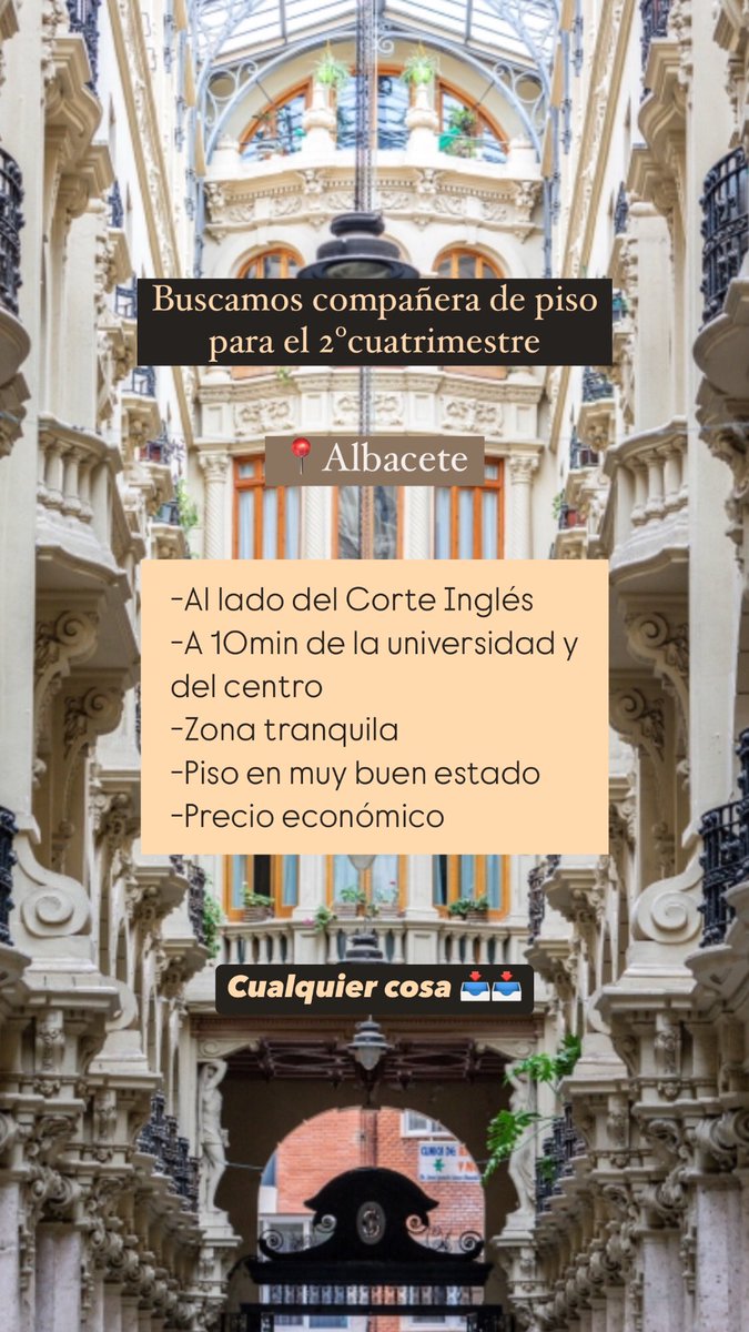 Se busca compañera de piso en Albacete para el segundo cuatrimestre, cualquier cosa habladme por privado.
Se agradece difusión😊
#pisoalbacete #piso #albacete