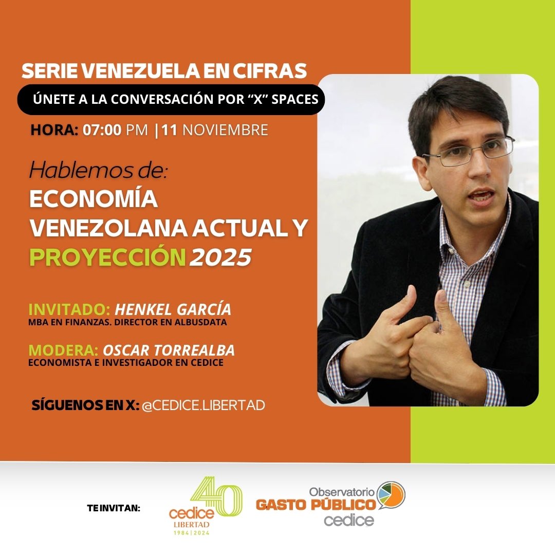 ¿Te interesa conocer más sobre el gasto público en Venezuela y su impacto en la economía? Este 11 de noviembre, a las 7:00 PM, te invitamos a nuestro Spaces en X. Tendremos como invitado a <a href="/HenkelGarcia/">Henkel Garcia U.</a>, un experto en la materia. ¡No faltes! #GastoPúblico #Venezuela #CEDICE