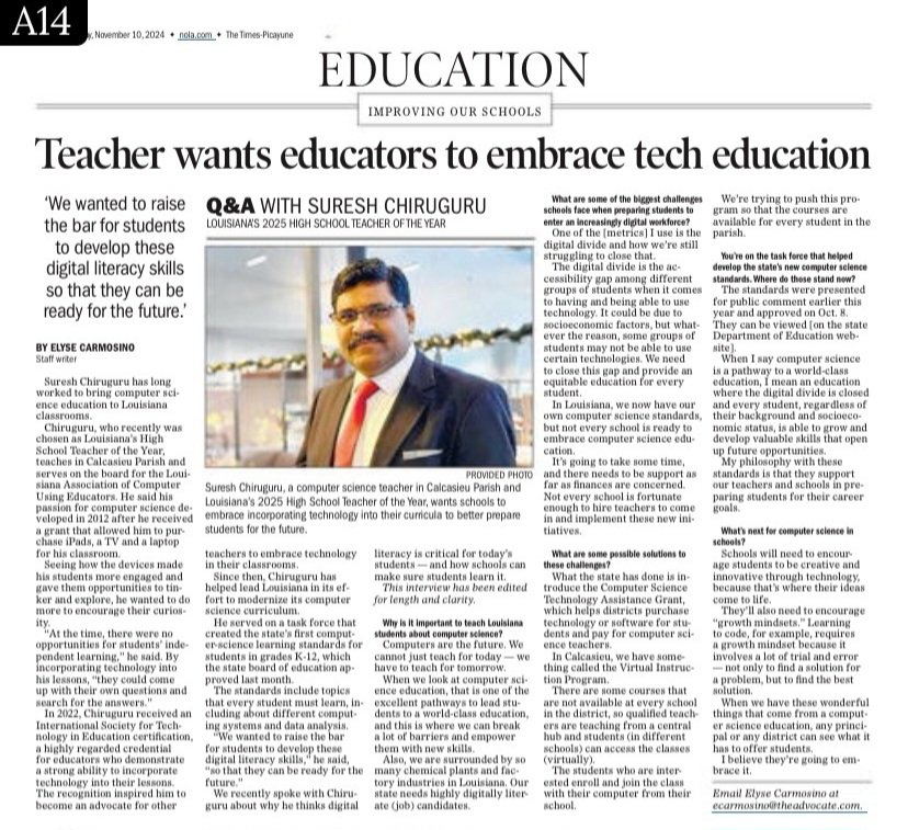 SChiruguru's tweet photo. I recently had the opportunity to share my passion and my work in Louisiana's K-12 Computer Science Learning Standards with The Advocate News. #STEM #computerscience #FutureEducation #worldclasseducation #digitalliteracy #highqualityeducation #chirugurus https://t.co/O1B8C1ofLC