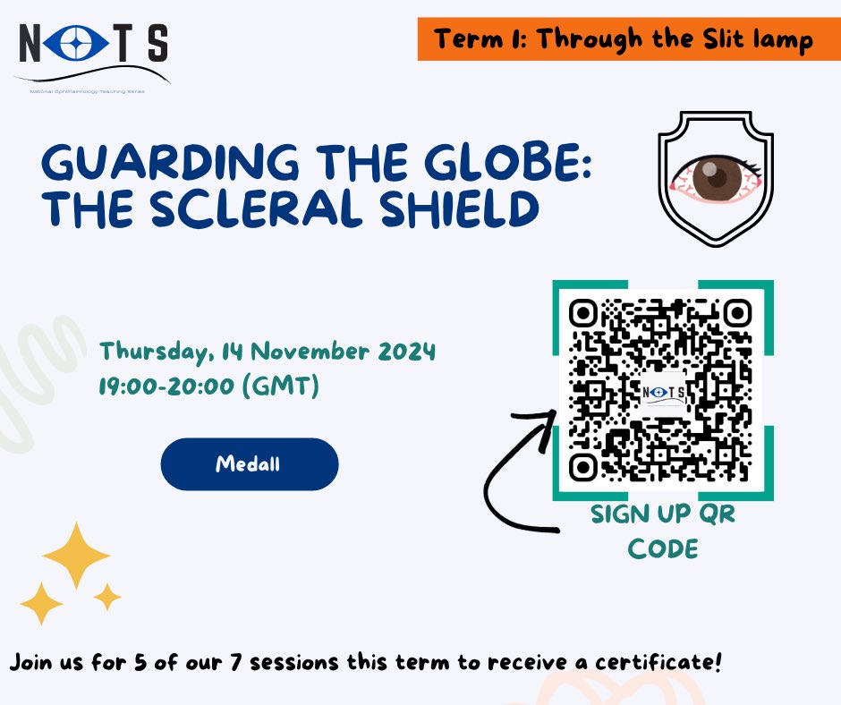 NatOphthalTeach's tweet photo. Get ready for our next teaching session ✨

“Guarding the Globe: The Scleral Shield” 🛡️
🗓️ When: Thursday, November 14
🕖 Time: 19:00-20:00 GMT
🎤 Facilitators: Harriet Fallon (Newcastle University) &amp; Simranjeet Singh Grewal (St. George’s University) https://t.co/KRGzwMNBQc
