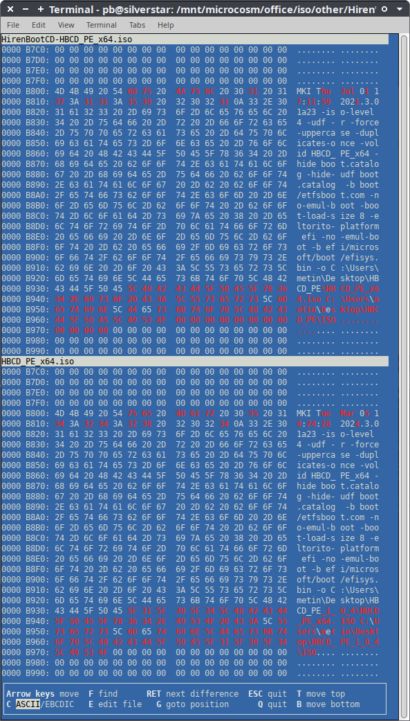 pjotrek_b's tweet image. Checked the MD5: found a mismatch; assumed copy-over-network-error.
Downloaded the ISO image again.
Used vbindiff to compare (curious).
To find out: I've just downloaded a newer version, and that was the first #hashcode I used as reference.
#DLTP #DigiPres #Fixity