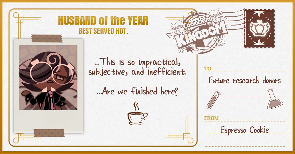 CRKingdomEN's tweet photo. HEAR YE, HEAR YE! 👑Here are your #HusbandoftheYear quarter-finalists words of gratitude to their loving fans! 😘

Remember to vote in the second to last bracket TOMORROW 11/11 at 1 PM PT!  

#CookieRun #CookieRunKingdom #RedVelvetCookie #BurntCheeseCookie #EspressoCookie #CremeBruleeCookie