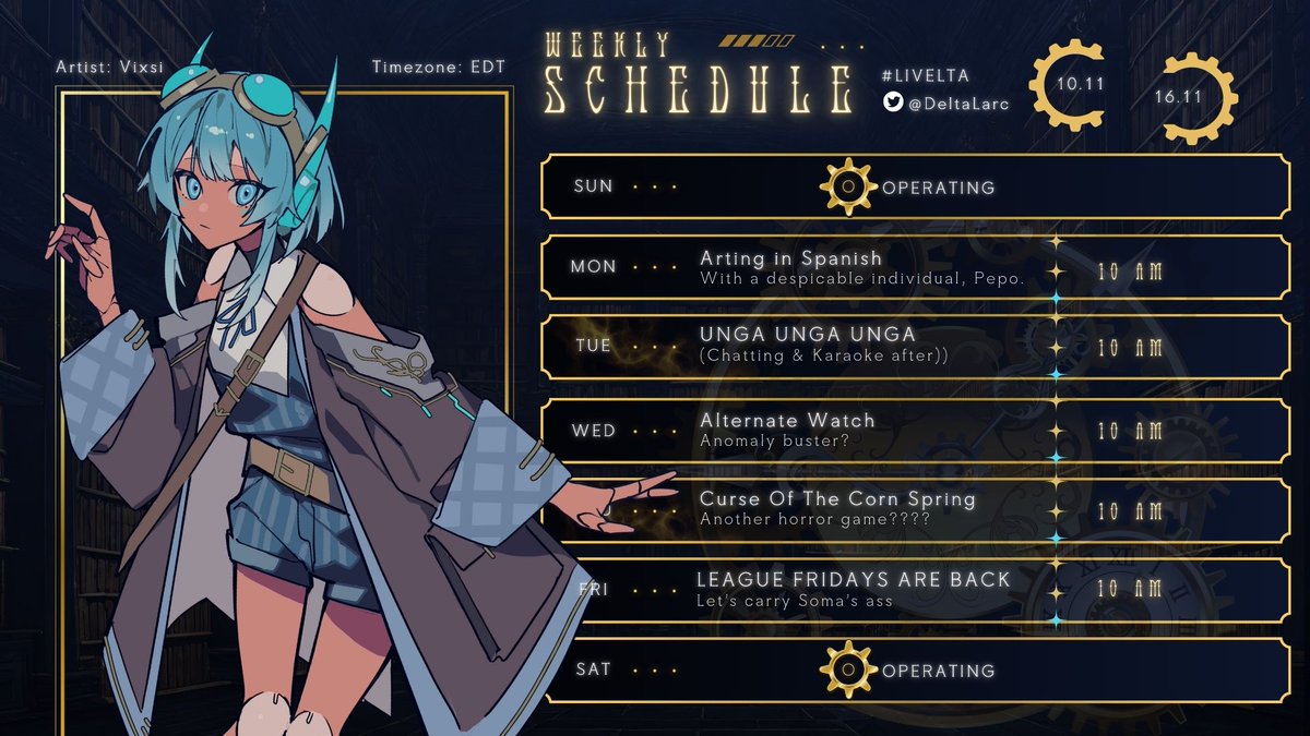 DeltaLarc's tweet image. 💥 schedulew is up 💥

We got a full week YAHOOOO. From art to horror game to horror game to pss myself to cry and roll over my bed to some fun and friendly league matchs. This week is full of emotions!

Hope to see you around, smell u later 🕺🕺