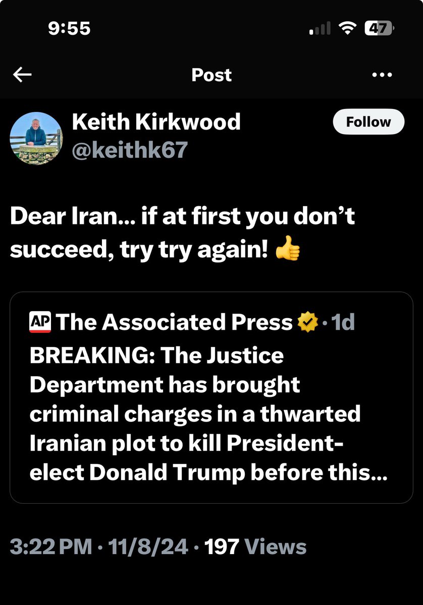 95jetta's tweet image. Hey @realDonaldTrump @elonmusk @SecretService @tsa @ByronDonalds, @keithk67 erased his post but here is the screenshot where he wants Iran to try again.  Keith owns a Florida condo. He should not be allowed in the US.