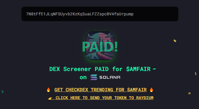 americafair_sol's tweet photo. Dexscreener Pre Paid! Join the Party! $AMFAIR

https://t.co/SItZcnHyot

#solana #ElonMusk #partyintheusa https://t.co/mTNCsWMuBY