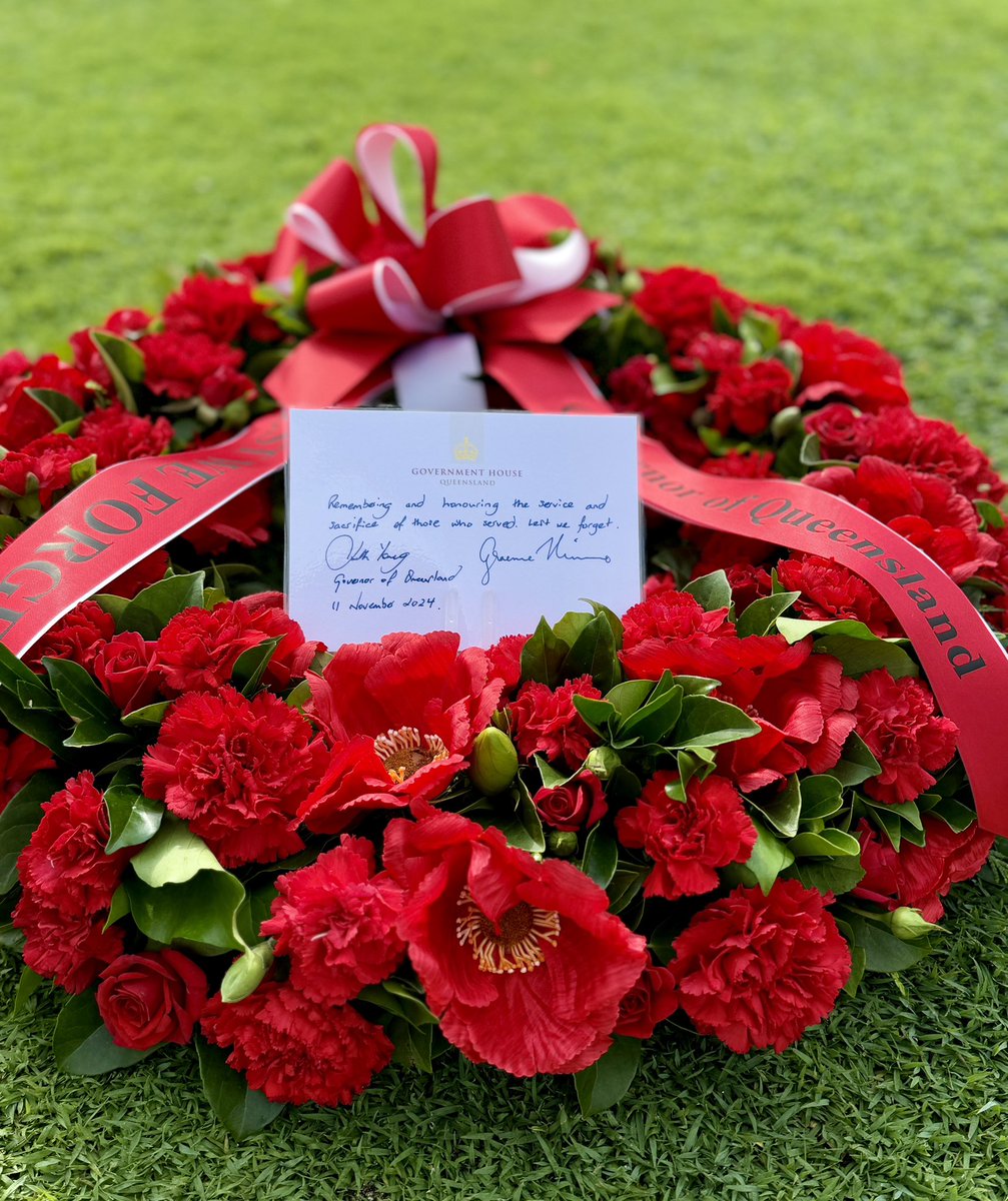 QldGovernor's tweet photo. The Governor and Professor Nimmo have attended the @rslqueensland 2024 Remembrance Day Ceremony at Anzac Square, where Her Excellency laid the first wreath on behalf of all Queenslanders. Lest we forget. #RemembranceDay2024 #LestWeForget #RememberToRemember https://t.co/Uhvczo2ADA