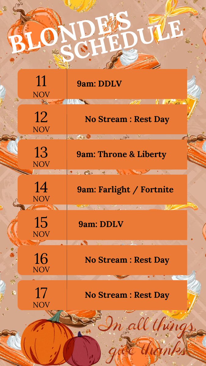 🍁 Stream Schedule for the week 🍁

I hope everyone had a good weekend! Let’s have a good week and crush those goals! 

Can’t wait to hang out with all of you this week 

❤️