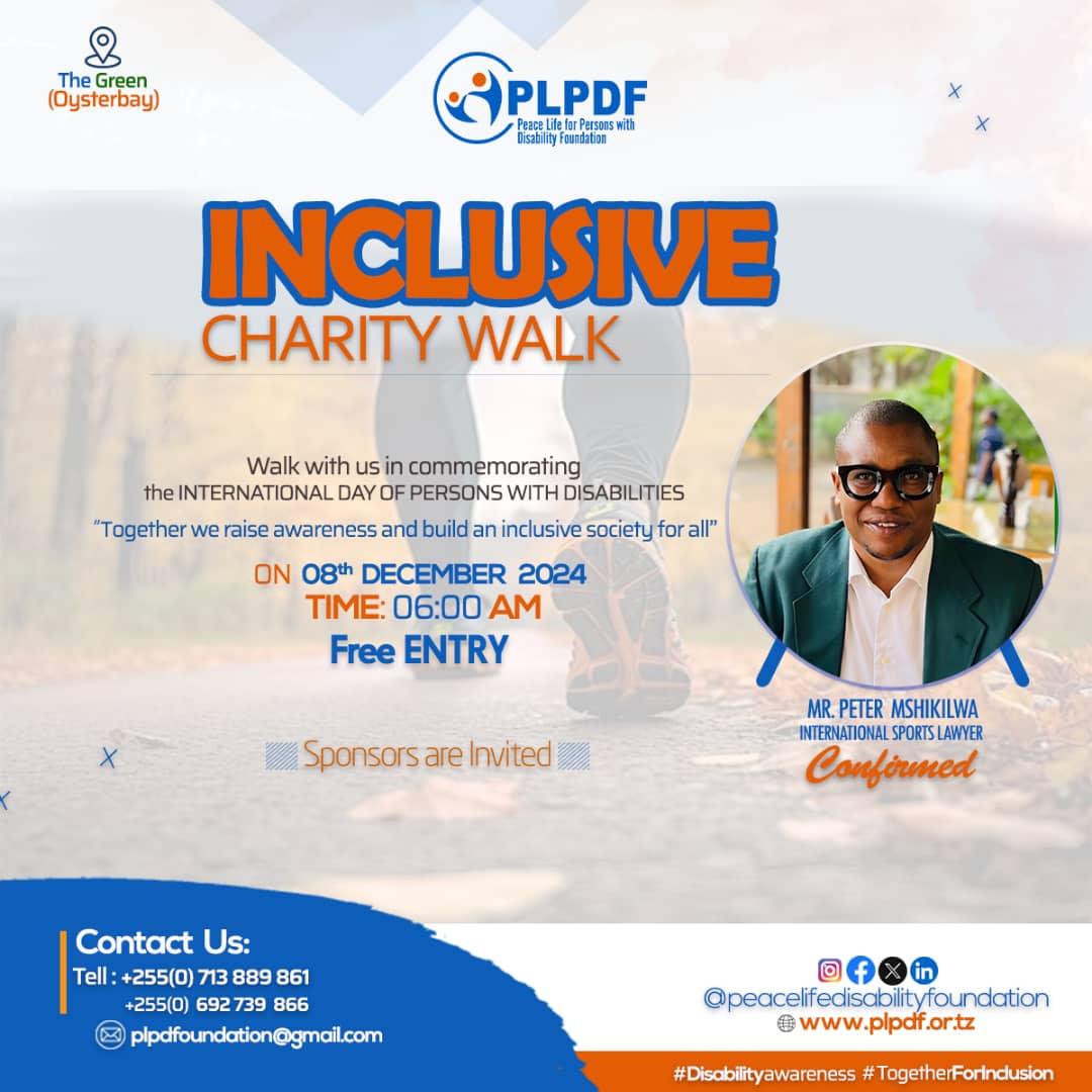 PLPDFoundantion's tweet photo. Walk with us in commemorating the International Day of Persons with Disabilities. December 2024
Save the date 
08.12.2024 
The Green Oysterbay - kinondoni Dar es Salaam.
Don't Miss
Free Entry 
#TogetherForInclusion #NIYETUSOTE #Disabilityawareness https://t.co/MLfyn6vVwp