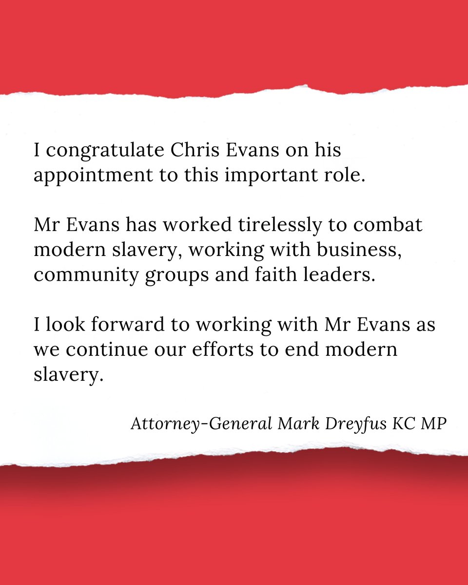 MarkDreyfusKCMP's tweet image. Today I announced the appointment of Chris Evans as the first Australian Anti-Slavery Commissioner.

The establishment of the Anti-Slavery Commissioner delivers on our election commitment and builds on our efforts to combat the scourge of modern slavery, at home and abroad.