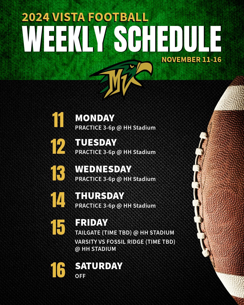 Mountain Vista High School Football (@vistagridiron) on Twitter photo ππ¦
Playoffs Round Two: Weekly Schedule
**Please Note - practice this week is at HH Stadium 3-6pm
#ALLIN #GOVISTA #vistafootball24 #goldeneagles #vistanation #mvhsathletics @mvhs_gridiron <a href="/mvhsupdates/">MVHS Updates</a> <a href="/vista_now/">Vista Now</a>
<a href="/mvistaathletics/">Vista Athletics</a> ππ¦
Playoffs Round Two: Weekly Schedule
**Please Note - practice this week is at HH Stadium 3-6pm
#ALLIN #GOVISTA #vistafootball24 #goldeneagles #vistanation #mvhsathletics @mvhs_gridiron <a href="/mvhsupdates/">MVHS Updates</a> <a href="/vista_now/">Vista Now</a>
<a href="/mvistaathletics/">Vista Athletics</a>
