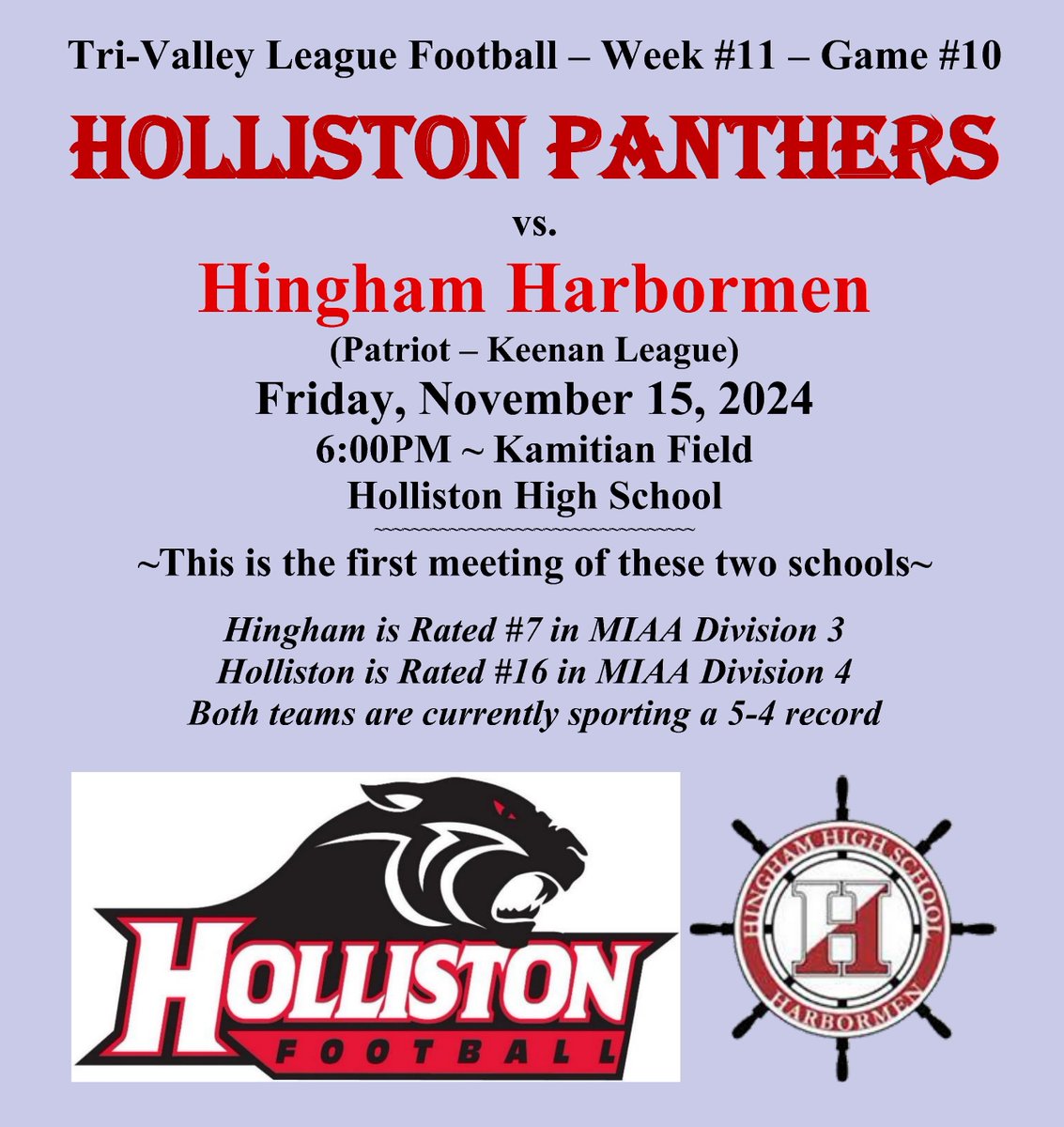 KenDunn7's tweet image. Another good game coming Friday...
@HollistonAD @HollistonFD @HollistonFBall @HollistonRedSea @HCATFootball @hcattv @BosHeraldSports @MetroWestSports @BostonHeraldHS