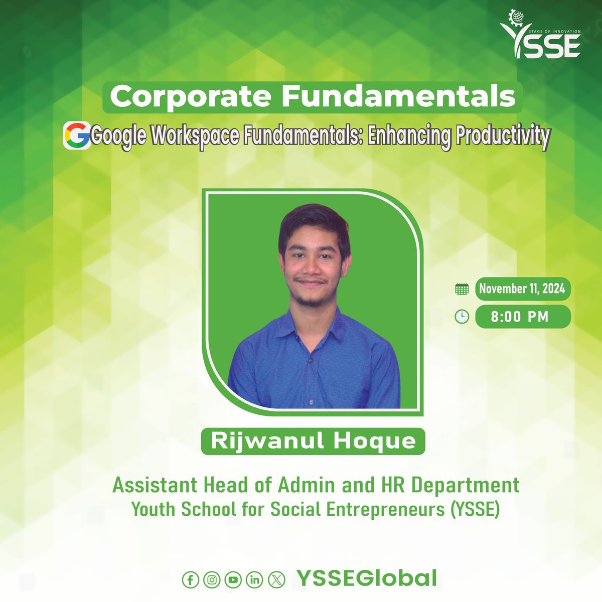 YSSEGLOBAL's tweet image. Boost your productivity and elevate your work performance!
📅 Date: November 11, 2024
⏰ Time: 8:00 PM
🌐 Platform: Google Meet
Note: This sessions is exclusive to our internal members
Join us to gather new experiences!
#GoogleSuit #VirtualInternshipProgram12thBatch #YSSE