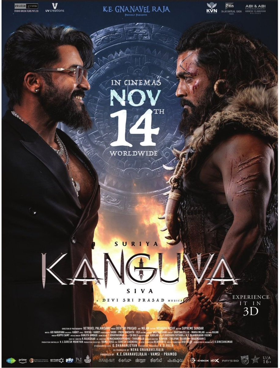 TicketNew (@ticketnew) on Twitter photo Prepare for the ultimate faceoff between the past and the present ⚔️
The world of #Kanguva will be all yours from Thursday 🦅
#KanguvaFromNov14 🗡️
<a href="/Suriya_offl/">Suriya Sivakumar</a> <a href="/thedeol/">Bobby Deol</a> <a href="/directorsiva/">siva+director</a> <a href="/DishPatani/">Disha Patani</a> <a href="/ThisIsDSP/">DEVI SRI PRASAD</a> <a href="/StudioGreen2/">Studio Green</a> <a href="/gnanavelraja007/">gnanavelraja</a> Prepare for the ultimate faceoff between the past and the present ⚔️
The world of #Kanguva will be all yours from Thursday 🦅
#KanguvaFromNov14 🗡️
<a href="/Suriya_offl/">Suriya Sivakumar</a> <a href="/thedeol/">Bobby Deol</a> <a href="/directorsiva/">siva+director</a> <a href="/DishPatani/">Disha Patani</a> <a href="/ThisIsDSP/">DEVI SRI PRASAD</a> <a href="/StudioGreen2/">Studio Green</a> <a href="/gnanavelraja007/">gnanavelraja</a>